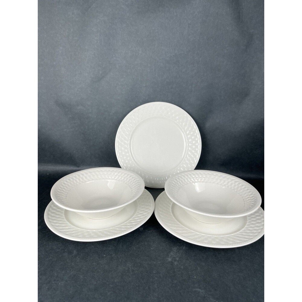 Oneida Wicker White 3 Salad Plates 7.5" , 2 Cereal Bowls 6.25" Stoneware GUC